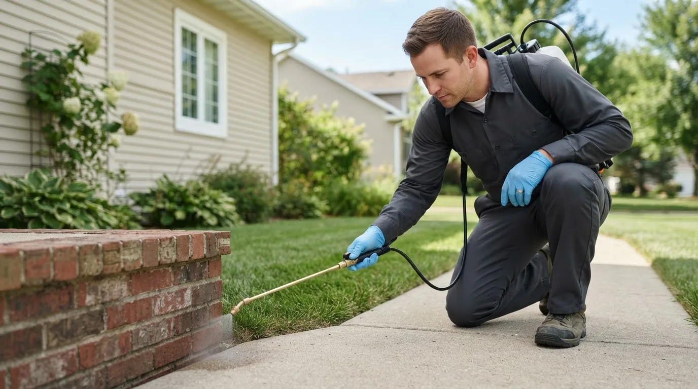 Pest control technician treating a home near Estherwood, LA